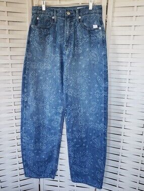 Barrel High Rise Blue Paisley-Print Women's New Jeans Size 28/6T